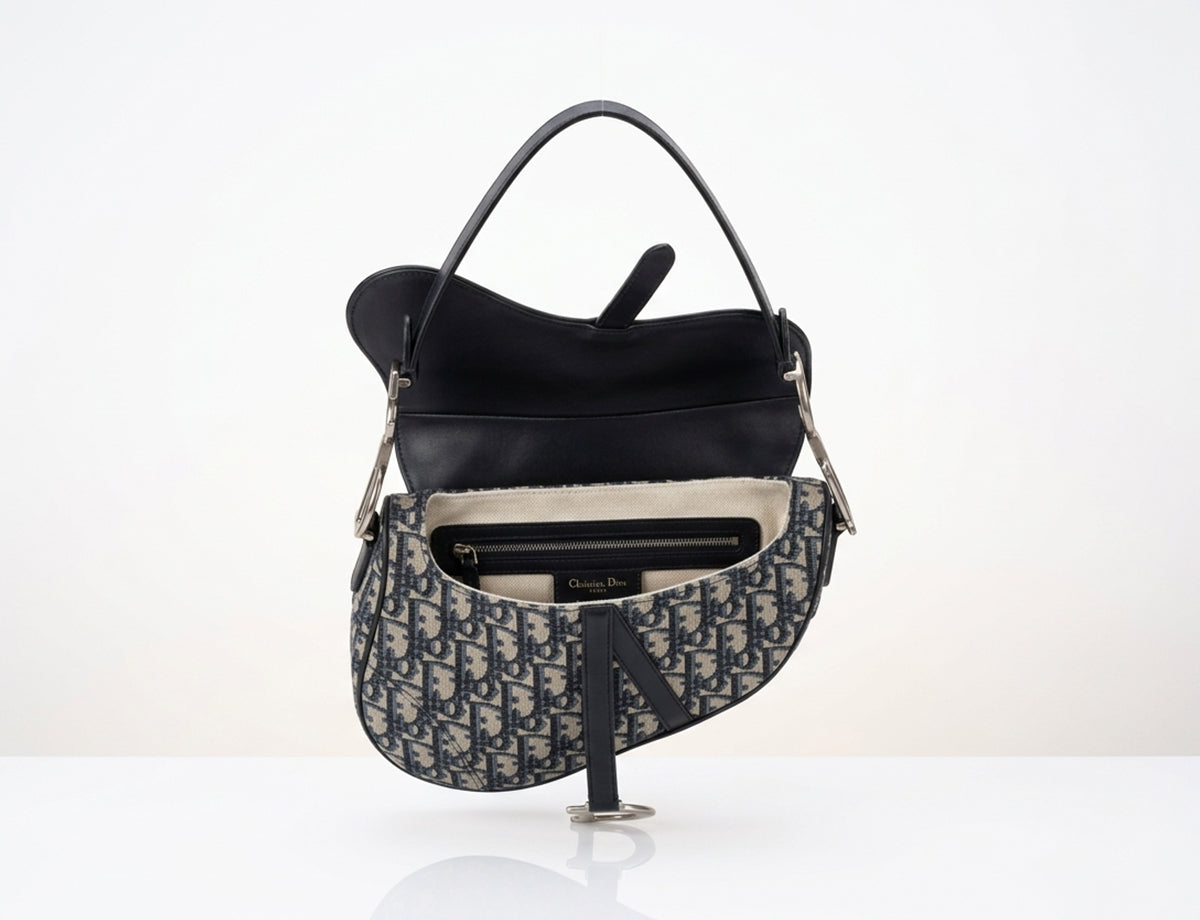 Christian Dior Mini Saddle Bag with Strap in Blue Dior Oblique Jacquard